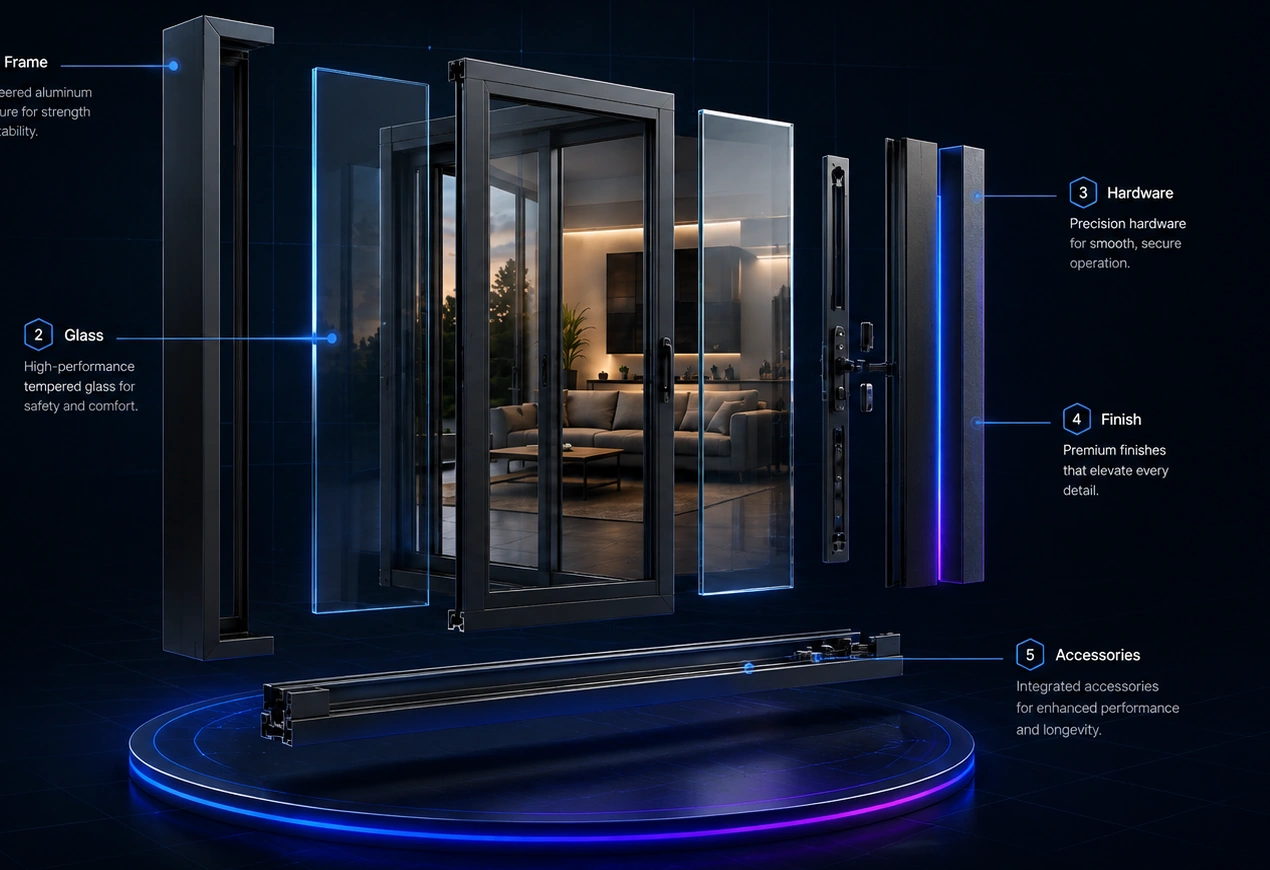 Exploded window view showing frame, glass, hardware, finish, and accessories